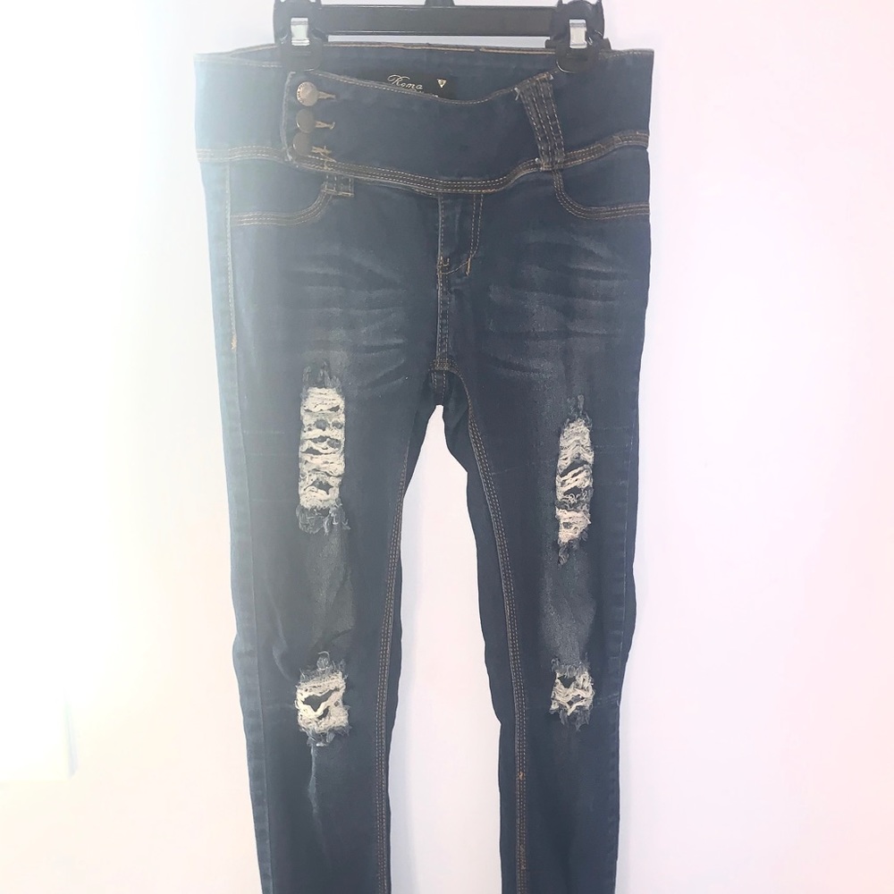 High - Waisted Distressed Jeans